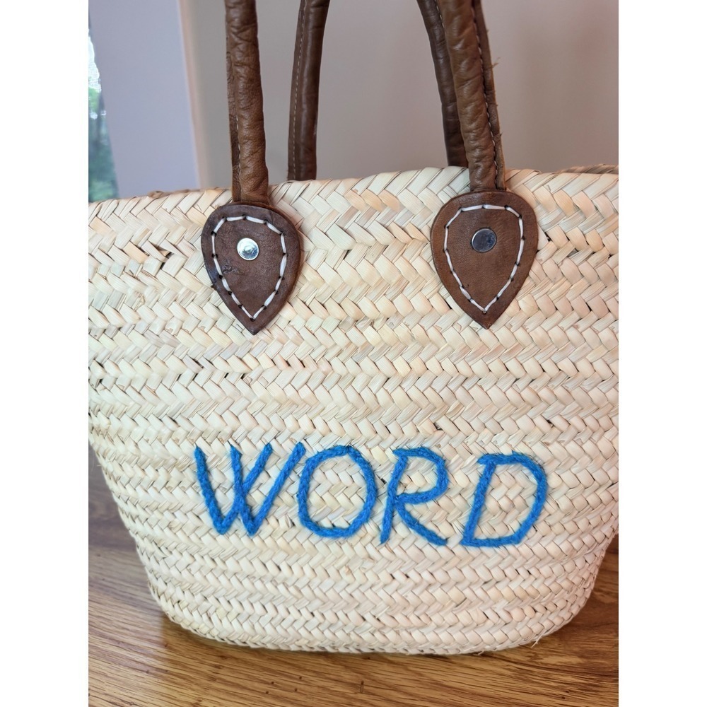 Poolside Medium Beach Tote Straw Basket Bag Embroidered Word Blue Tan Medium - Picture 12 of 16